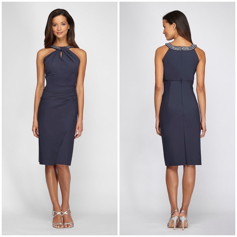 Alex‎ Evenings Arabella Sheath Halter Cocktail Dress Charcoal 12